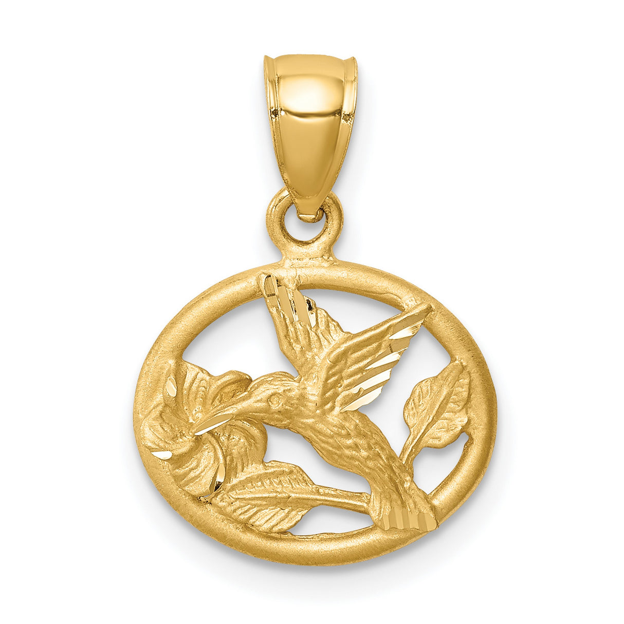 14k Yellow Gold Hummingbird Pendant with Flower in Open Oval Frame, Nature Jewelry Charm