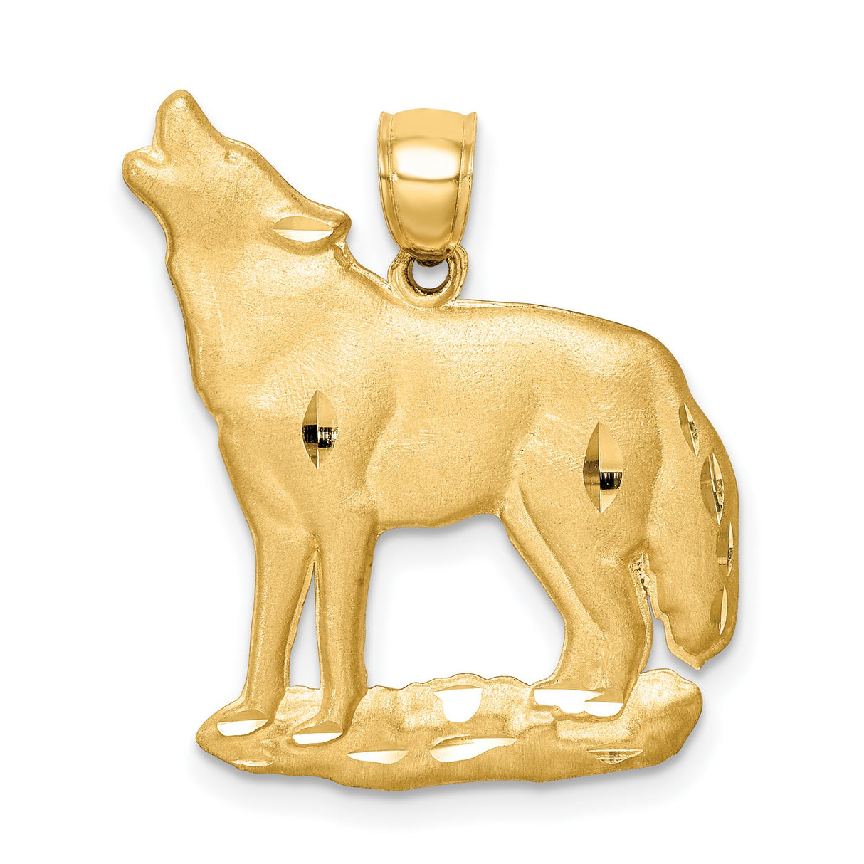 14k Yellow Gold Howling Wolf Pendant with Brushed Finish, Nature Inspired Totem Jewelry