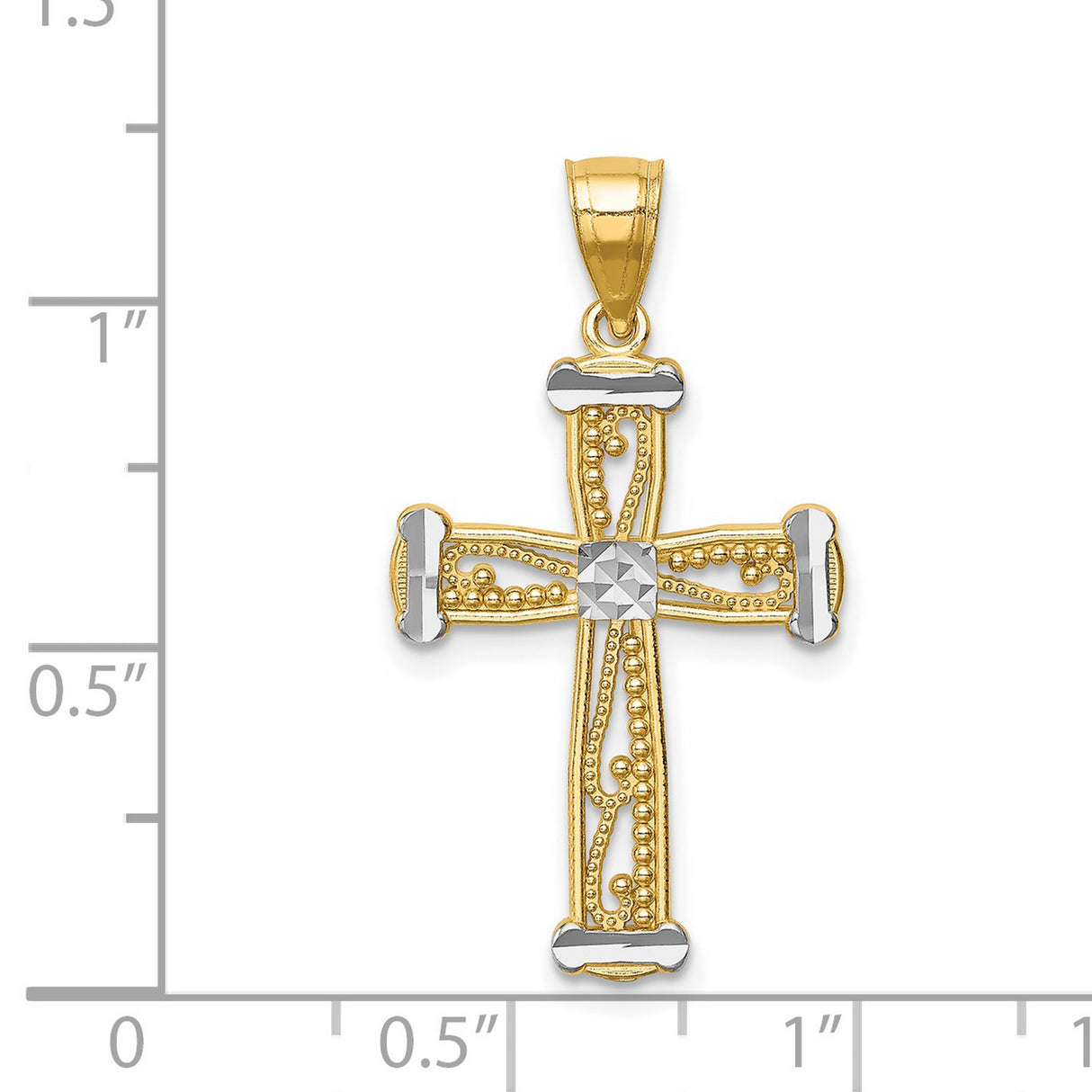 14k Two-Tone Gold Cross Pendant with Textured Beading and Ornate Arms