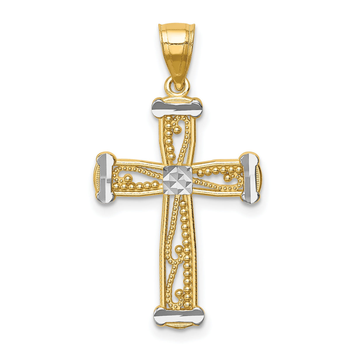 14k Two-Tone Gold Cross Pendant with Textured Beading and Ornate Arms