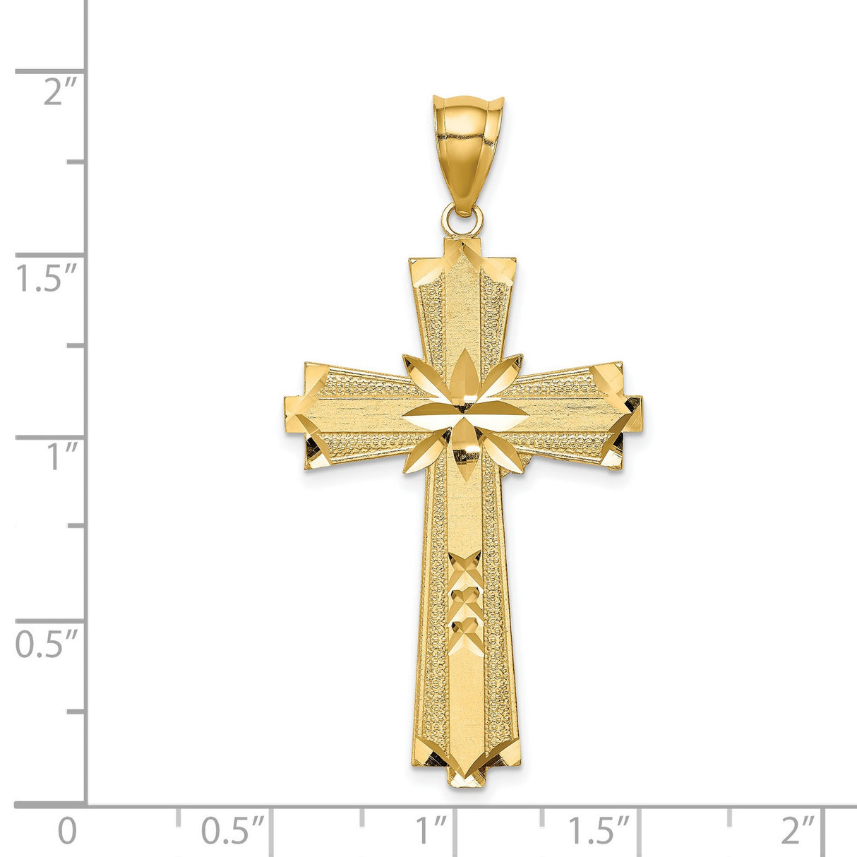 14k Yellow Gold Cross Pendant, Textured and Polished Flared Religious Charm for Men and Women