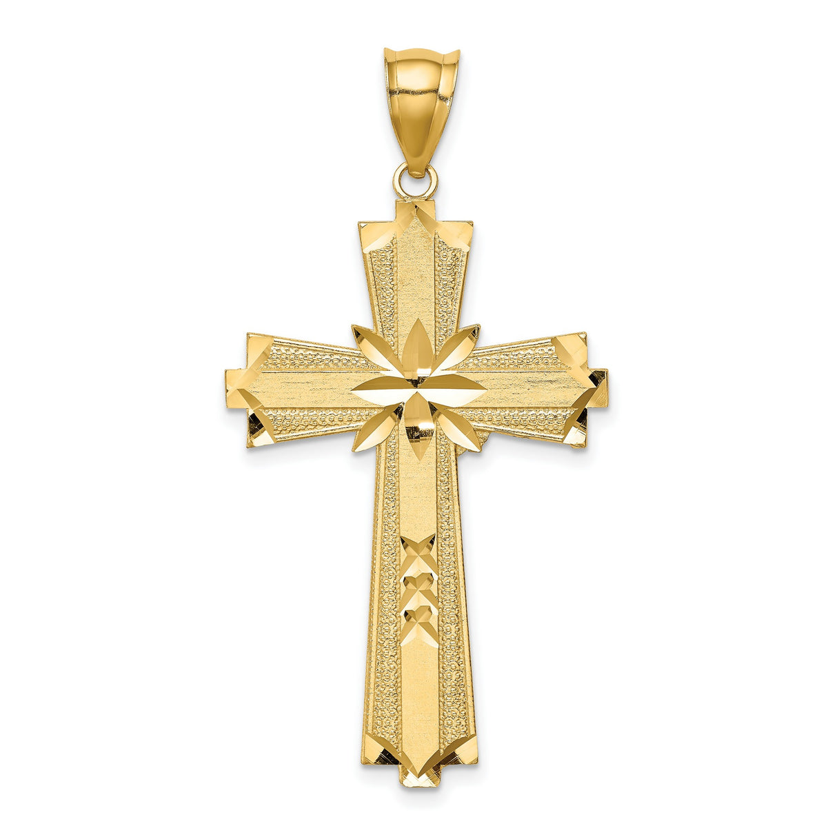 14k Yellow Gold Cross Pendant, Textured and Polished Flared Religious Charm for Men and Women