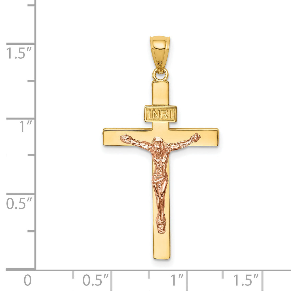 14k Two-Tone Gold Crucifix Cross Pendant with INRI Charm and Detailed Jesus Figure