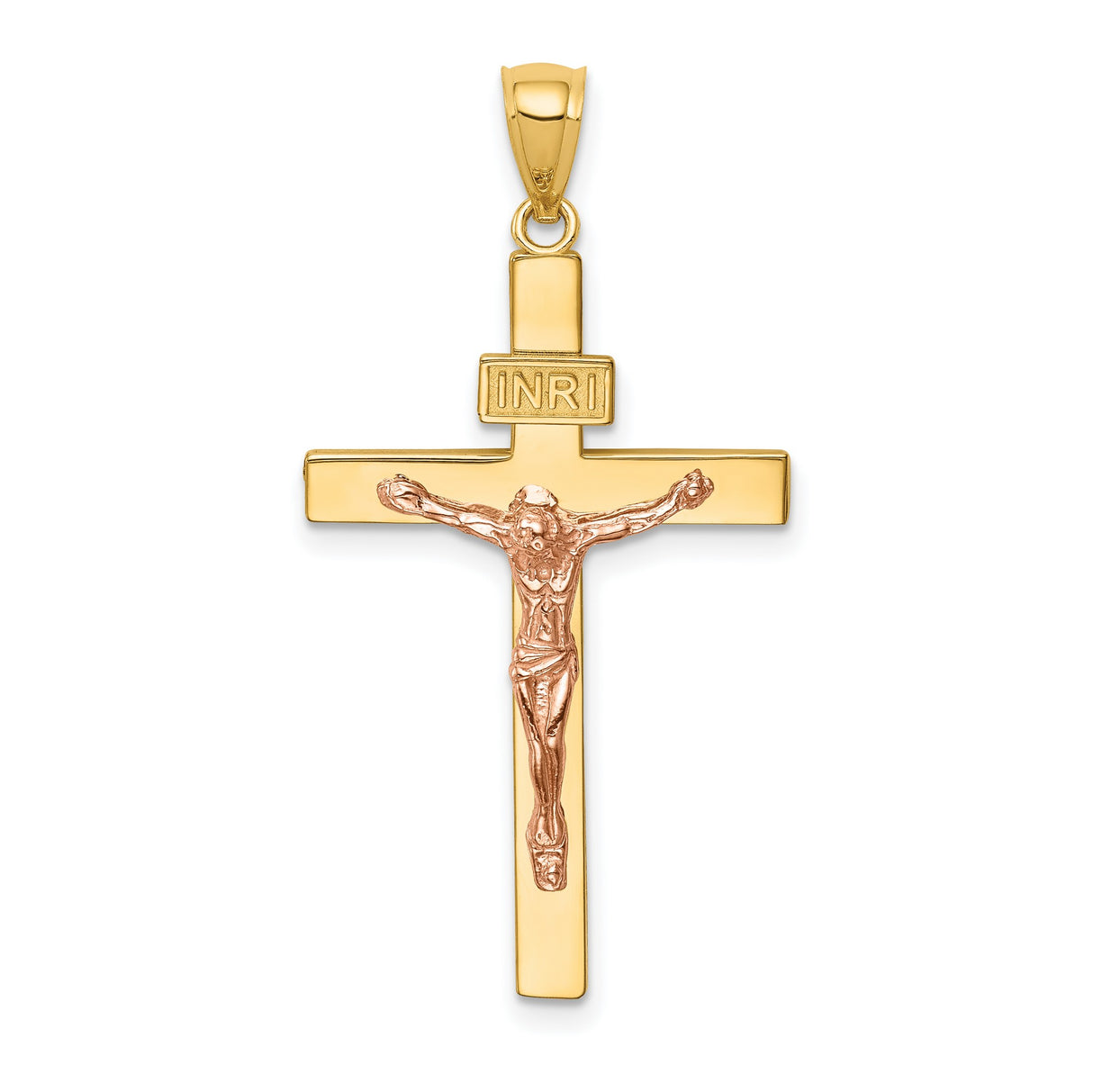 14k Two-Tone Gold Crucifix Cross Pendant with INRI Charm and Detailed Jesus Figure