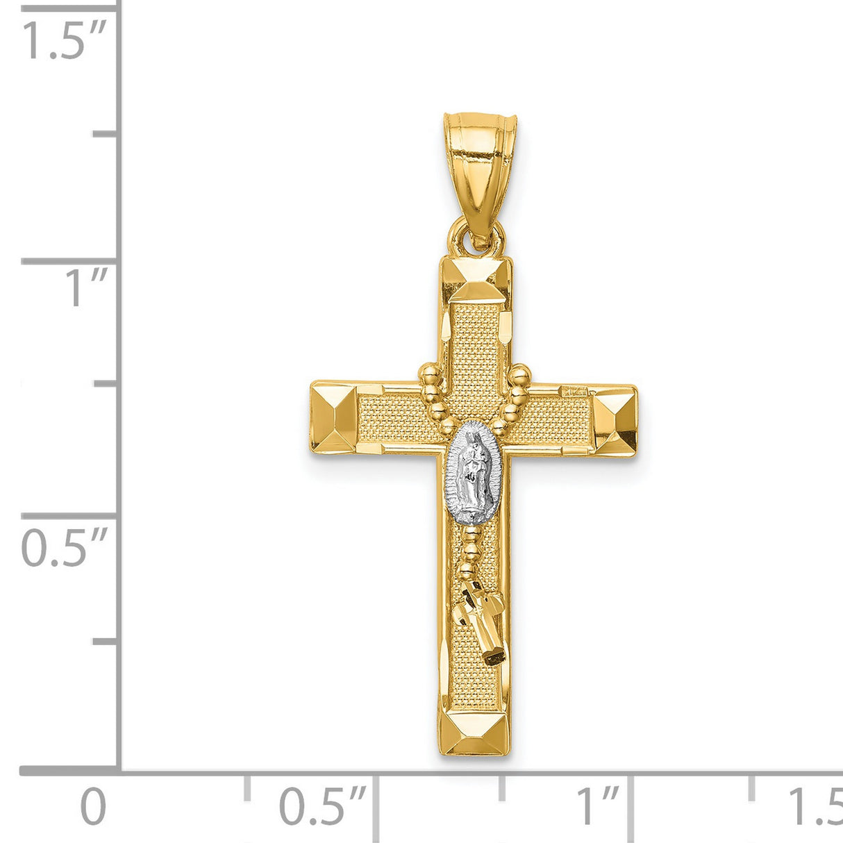 14k Two Tone Gold Crucifix Cross Pendant with Beveled Edges and Virgin Medallion