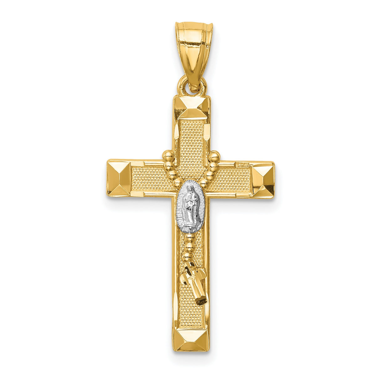 14k Two Tone Gold Crucifix Cross Pendant with Beveled Edges and Virgin Medallion
