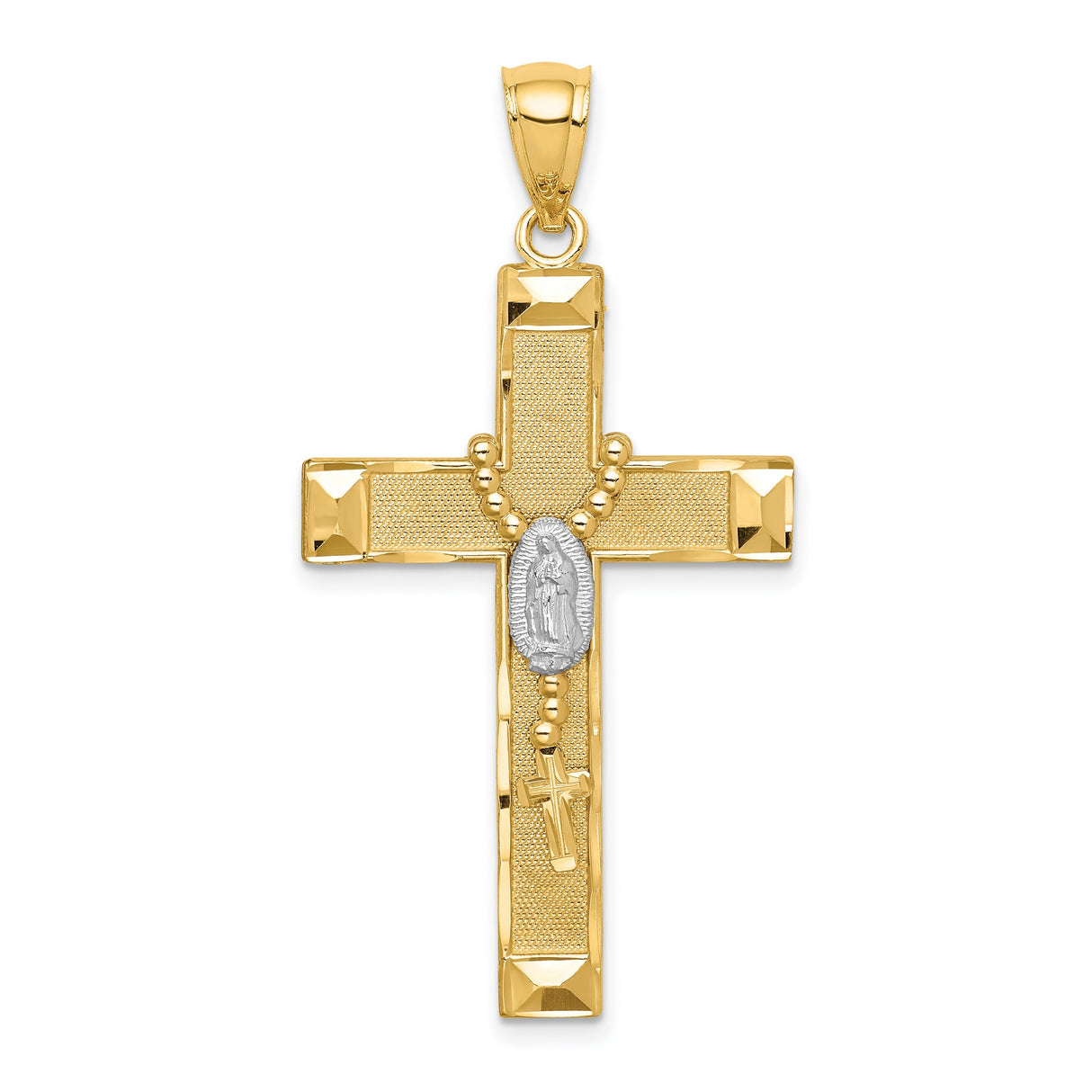 14k Two-Tone Gold Cross Pendant with Rosary Charm, Latin Religious Design for Men and Women