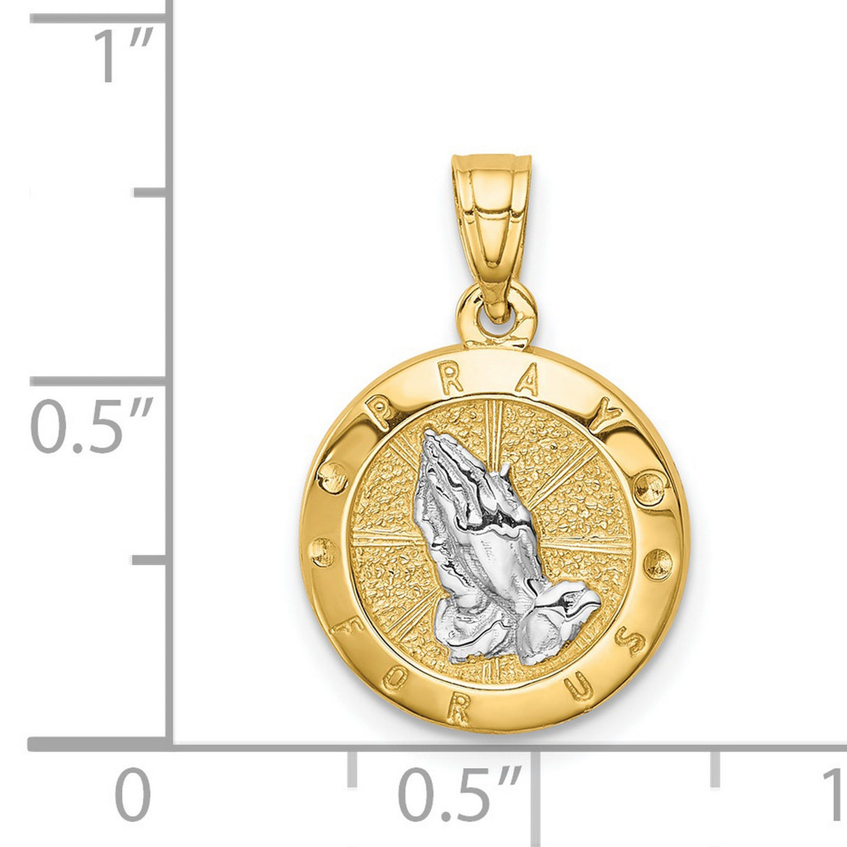 14k Multi-Tone Gold Christian Faith Pendant with Raised Praying Hands and Rhodium Accents