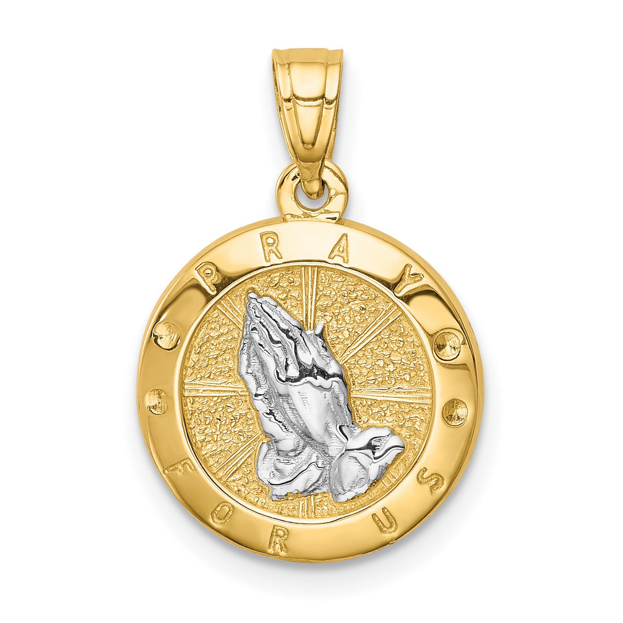 14k Multi-Tone Gold Christian Faith Pendant with Raised Praying Hands and Rhodium Accents