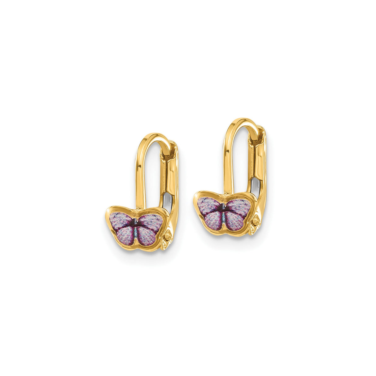 14k Yellow Gold Butterfly Earrings with Purple Enamel, Leverback Design for Girls
