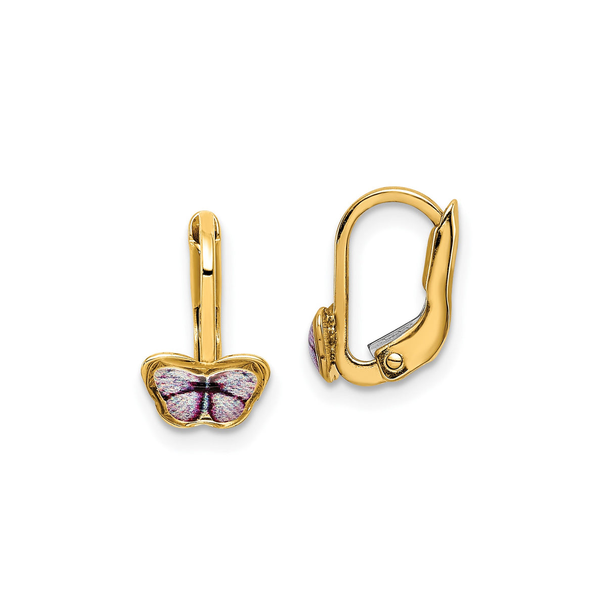 14k Yellow Gold Butterfly Earrings with Purple Enamel, Leverback Design for Girls