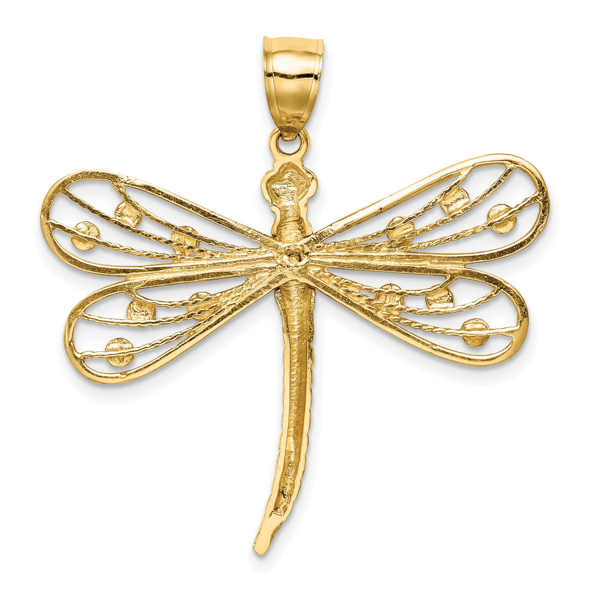 14k Yellow Gold and Rhodium Dragonfly Pendant with Filigree Wings and Diamond-Cut Accents