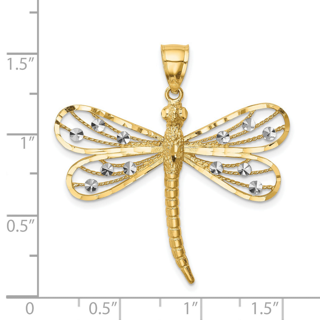 14k Yellow Gold and Rhodium Dragonfly Pendant with Filigree Wings and Diamond-Cut Accents