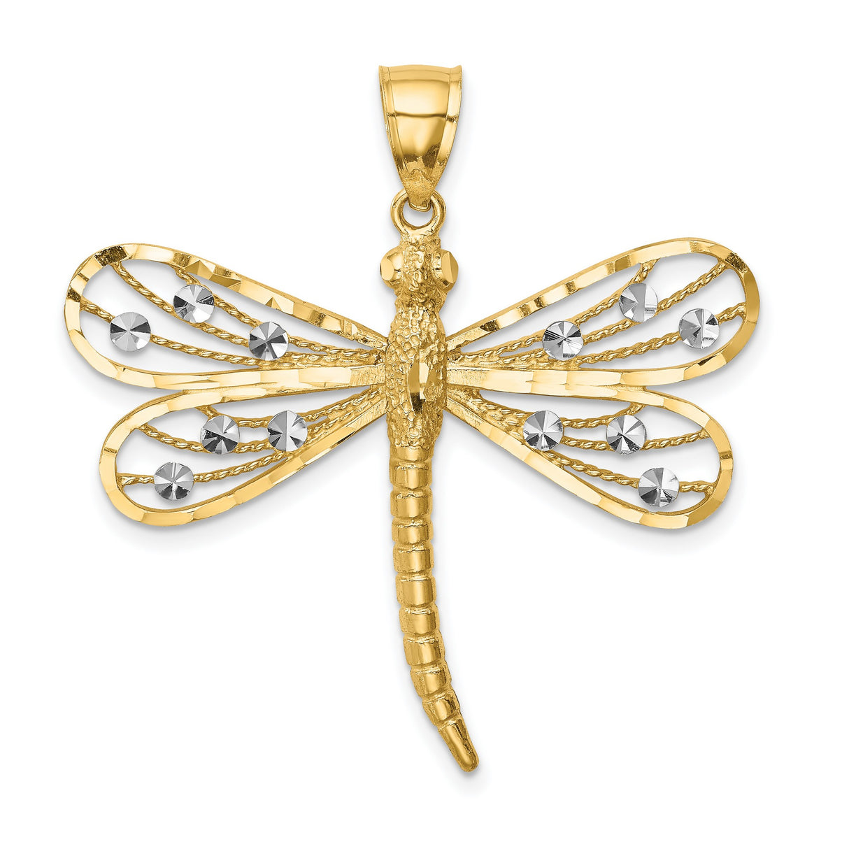 14k Yellow Gold and Rhodium Dragonfly Pendant with Filigree Wings and Diamond-Cut Accents