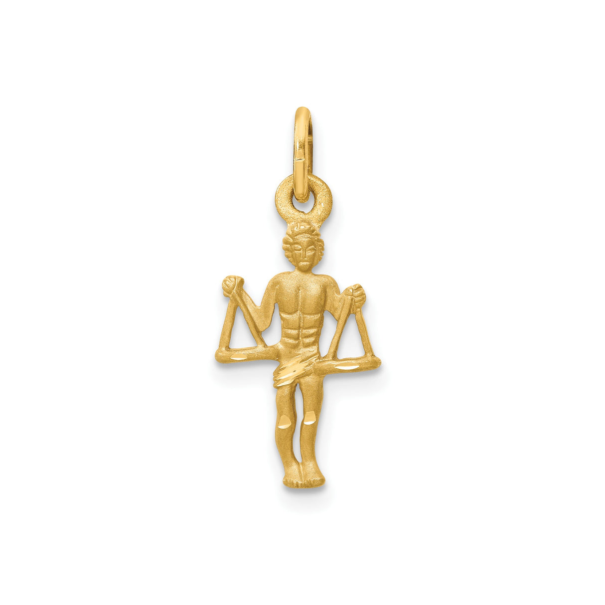 14k Yellow Gold Libra Pendant with Stylized Male Figure Holding Scales, Zodiac Symbol Charm