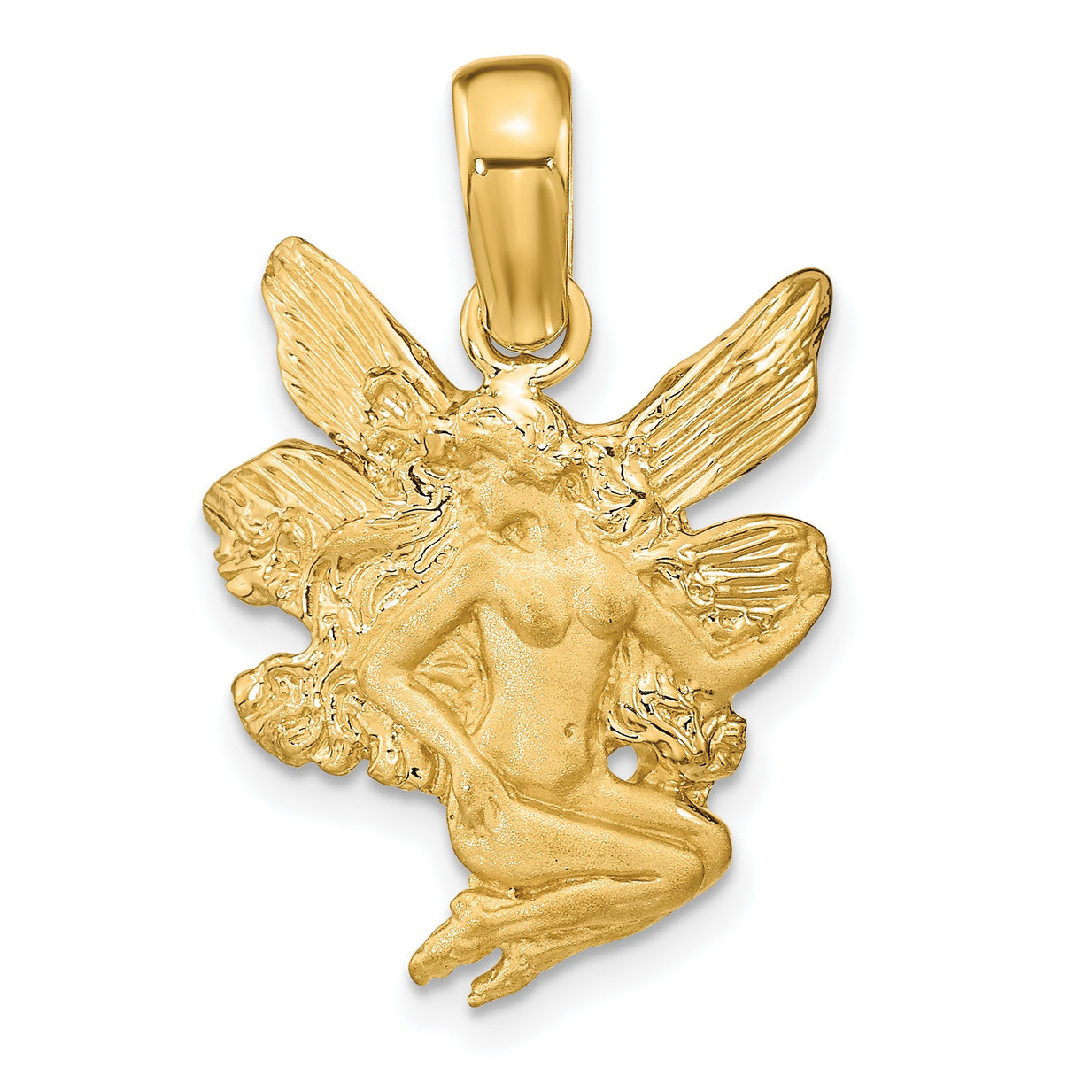 14k Yellow Gold Fairy Pendant with Winged Female Figure, Fantasy-Inspired Design