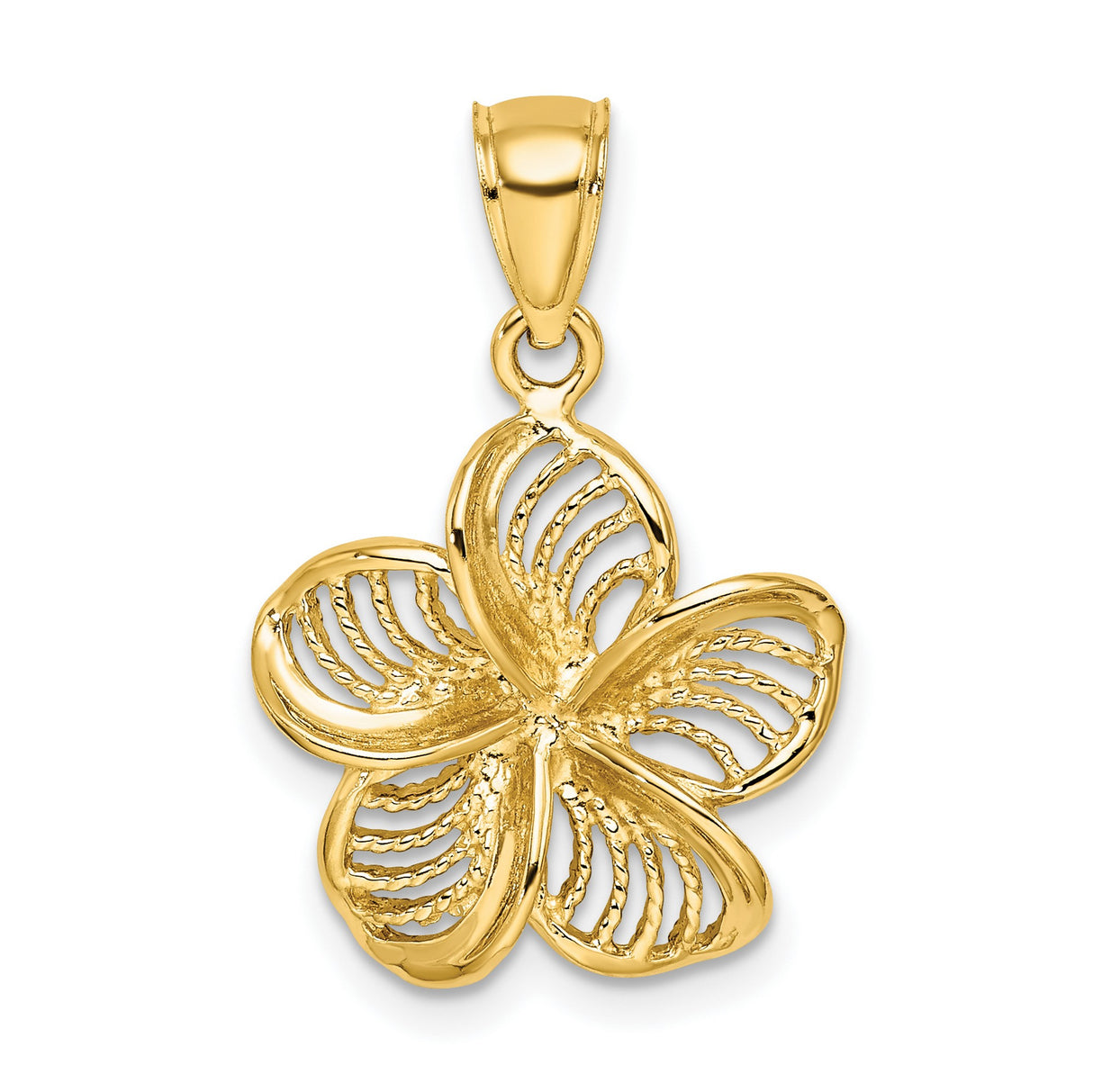 14k Yellow Gold Plumeria Pendant with Openwork Floral Design, Tropical Flower Charm for Women