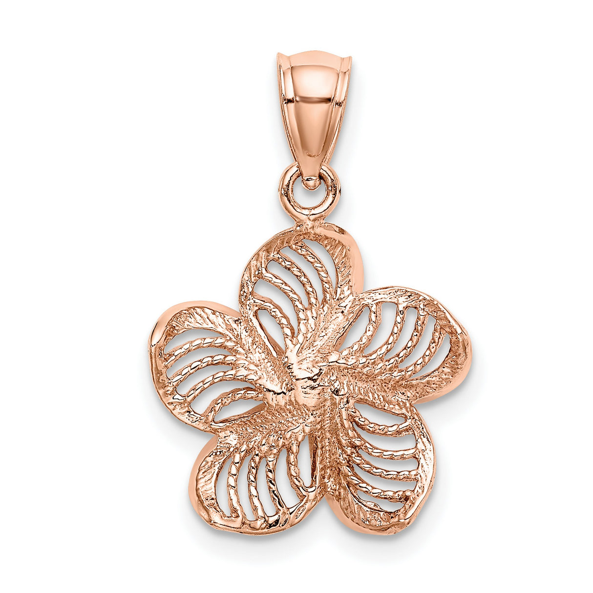 14k Rose Gold Plumeria Pendant, Openwork Flower Design with Filigree Detailing