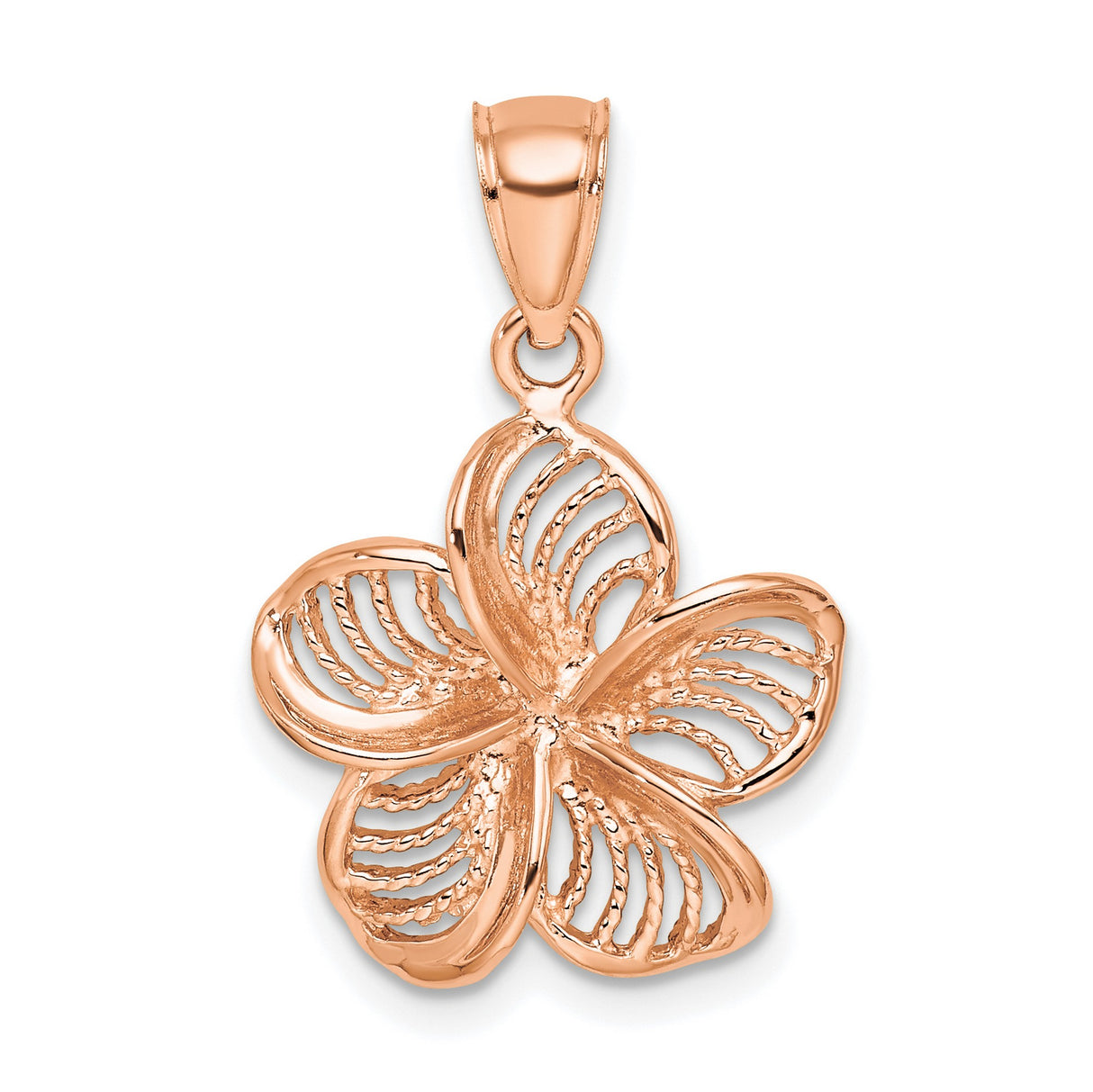14k Rose Gold Plumeria Pendant, Openwork Flower Design with Filigree Detailing