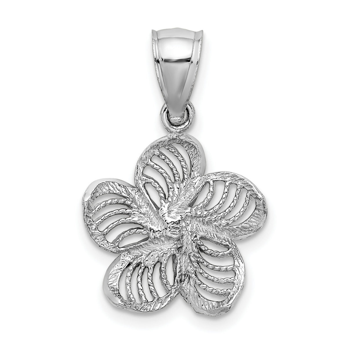 14k White Gold Plumeria Flower Pendant with Open Filigree Petal Design for Women