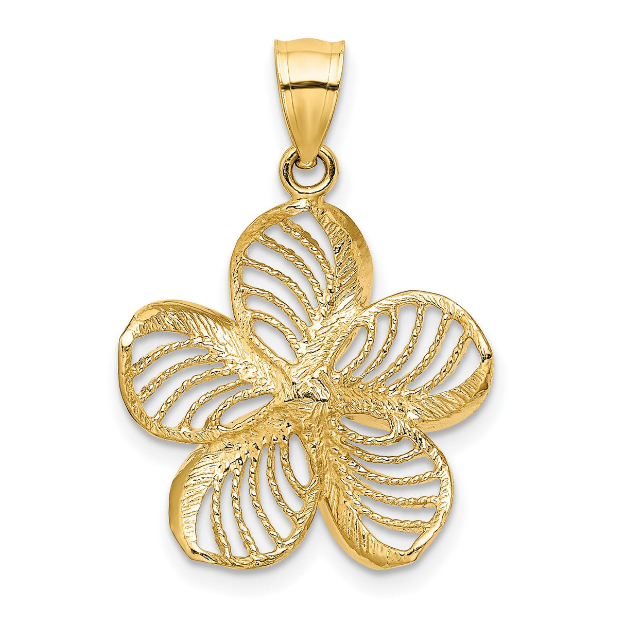 14k Yellow Gold Flower Pendant with Openwork Plumeria Design and Beaded Edge