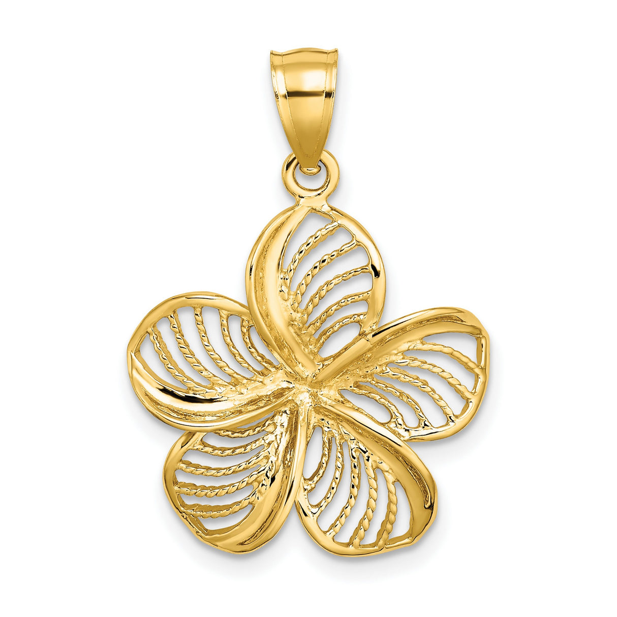 14k Yellow Gold Flower Pendant with Openwork Plumeria Design and Beaded Edge