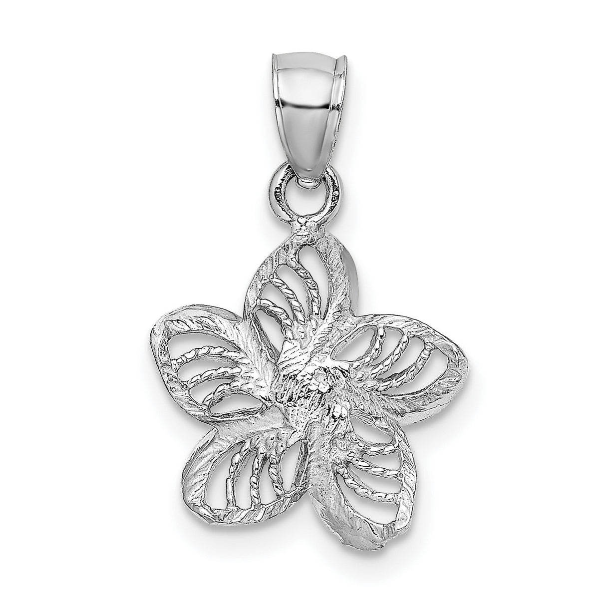 14k White Gold Pendant with Openwork Five-Petal Flower, Textured Floral Design
