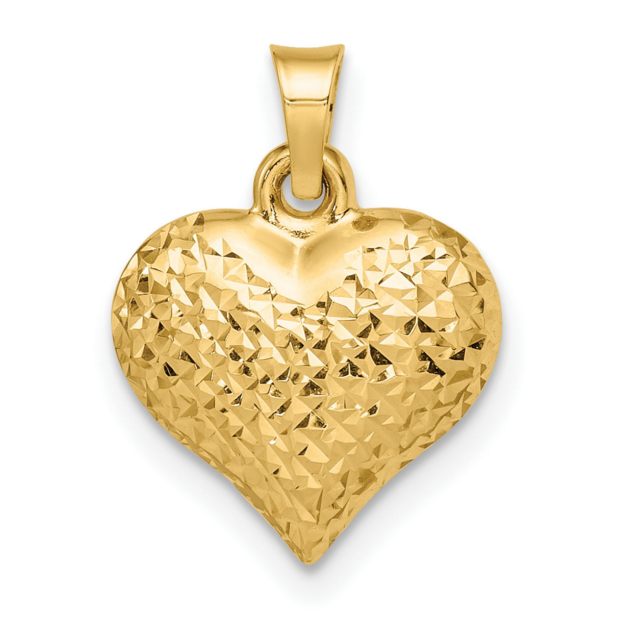 14k Yellow Gold Heart Pendant, Textured Diamond Cut Puffed Charm for Women