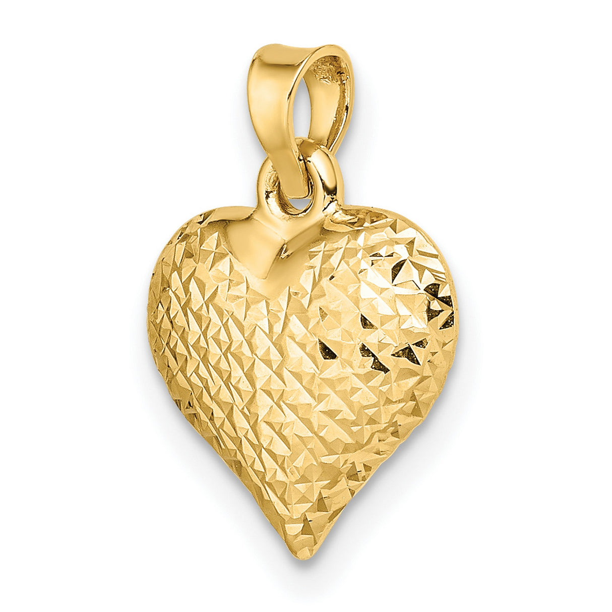 14k Yellow Gold Heart Pendant, Textured Diamond Cut Puffed Charm for Women