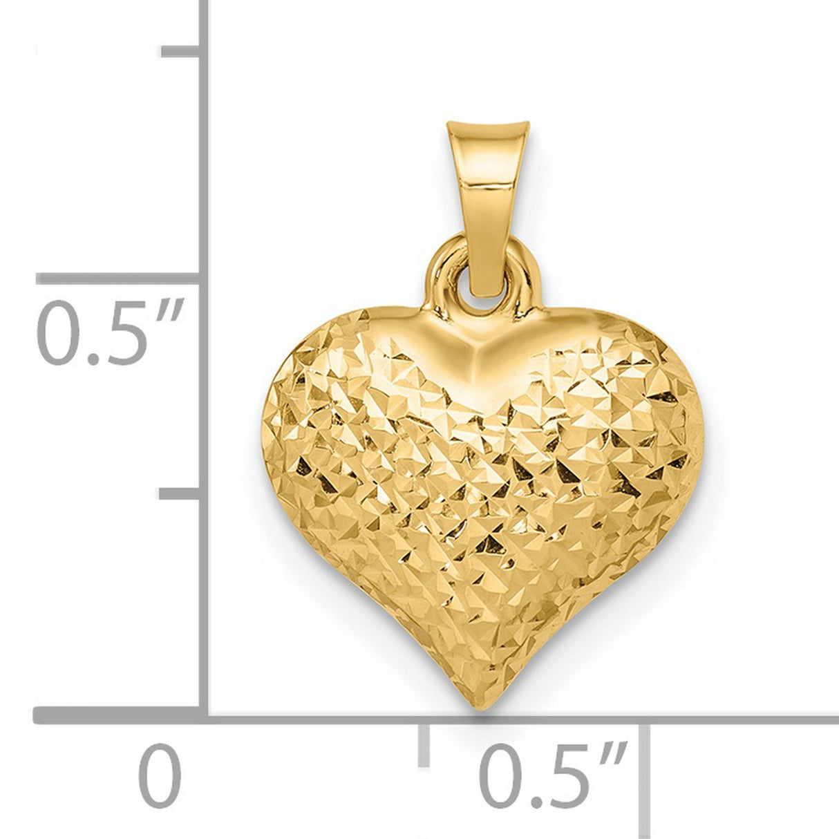 14k Yellow Gold Heart Pendant, Textured Diamond Cut Puffed Charm for Women