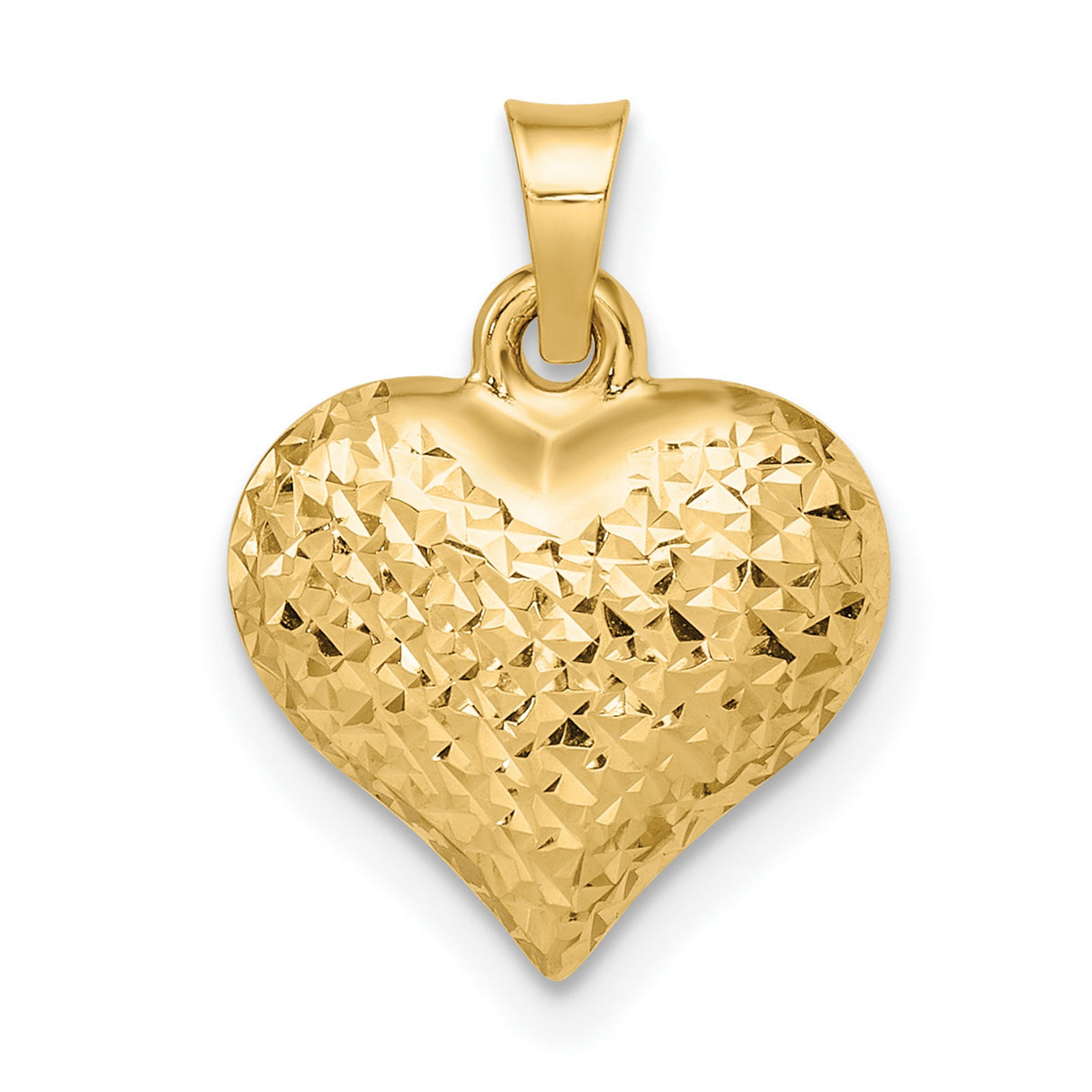 14k Yellow Gold Heart Pendant, Textured Diamond Cut Puffed Charm for Women