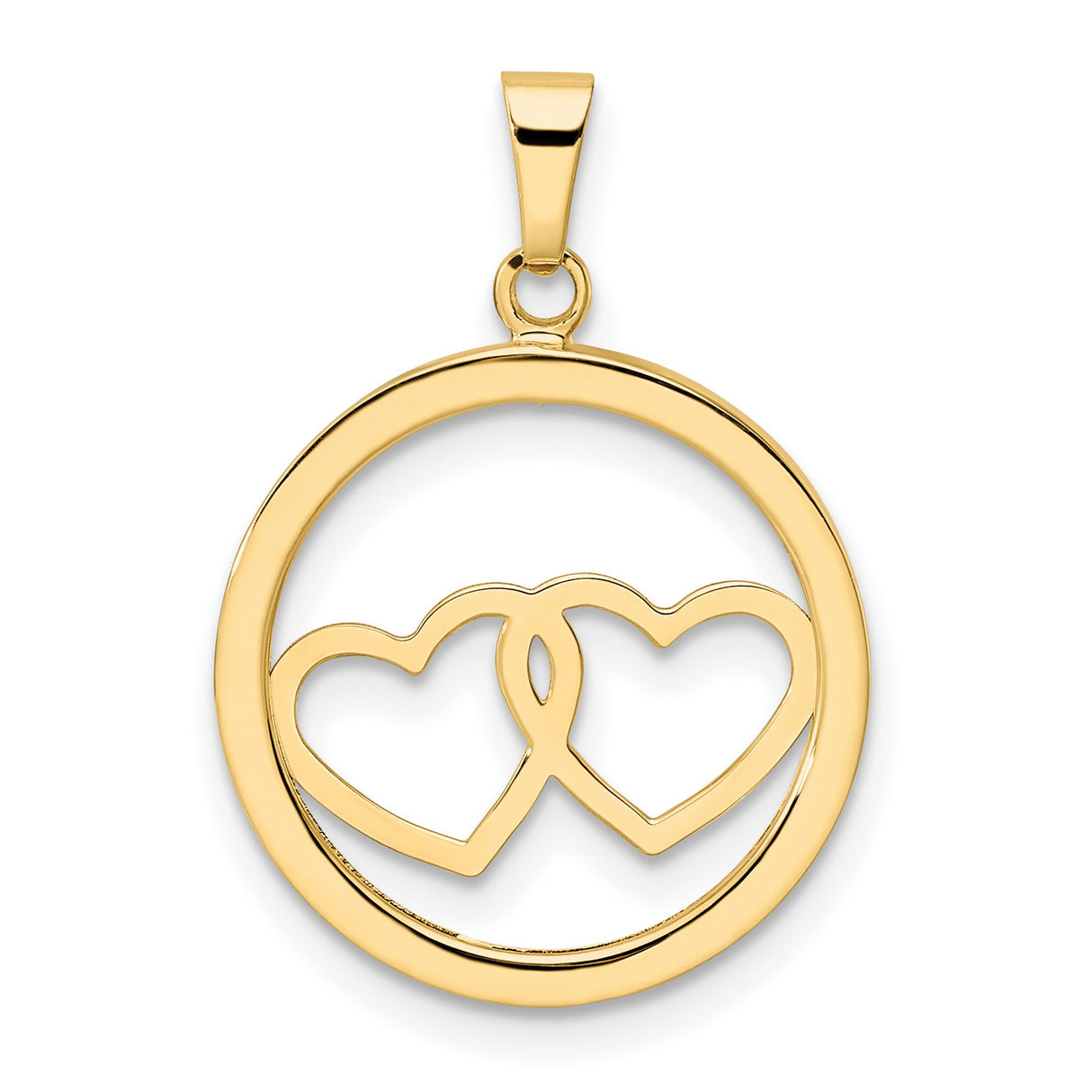 14k Yellow Gold Pendant with Interlocking Open Hearts in Circle Frame, Romantic Jewelry for Women