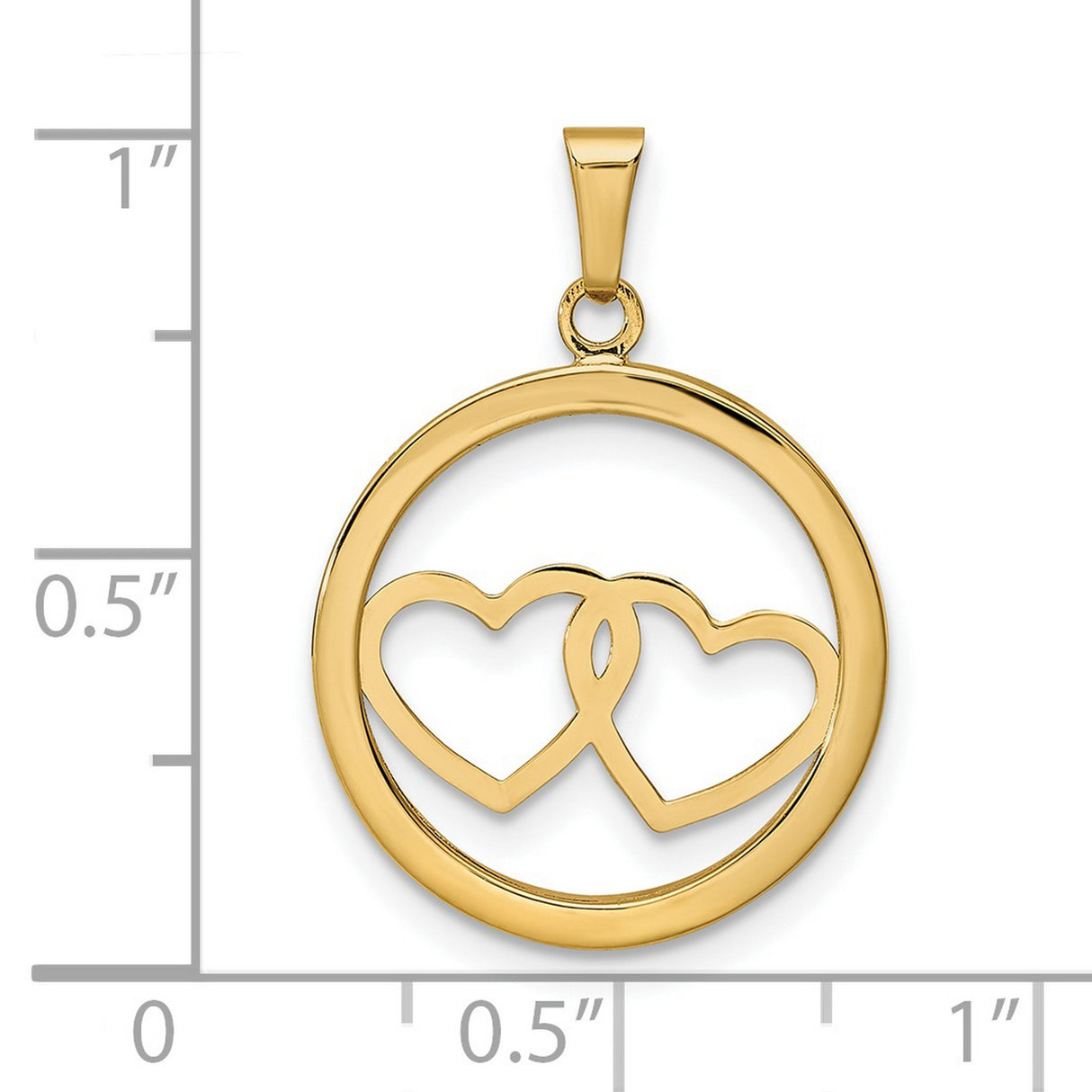 14k Yellow Gold Pendant with Interlocking Open Hearts in Circle Frame, Romantic Jewelry for Women