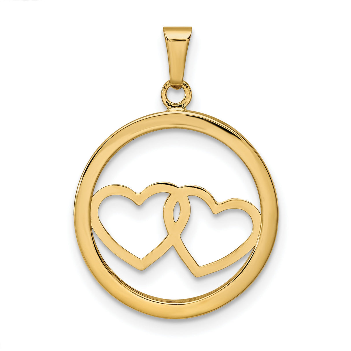 14k Yellow Gold Pendant with Interlocking Open Hearts in Circle Frame, Romantic Jewelry for Women