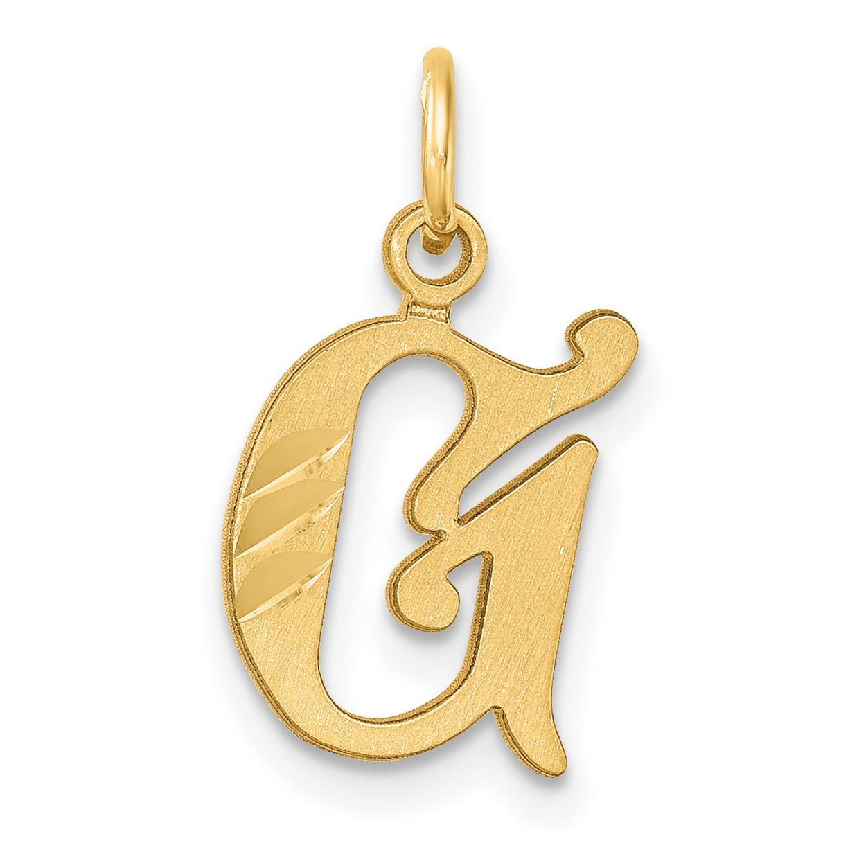 14k Yellow Gold Pendant, Decorative Script Letter G Charm, Unisex Alphabet Jewelry