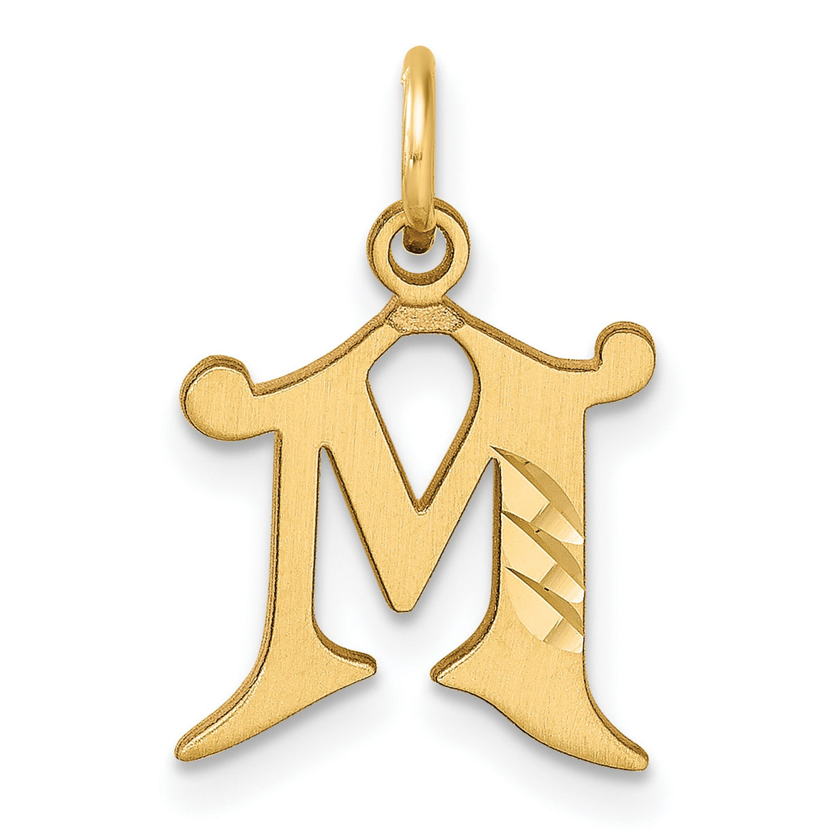 14k Yellow Gold Initial M Pendant with Decorative Cut Design, Old English Letter Charm