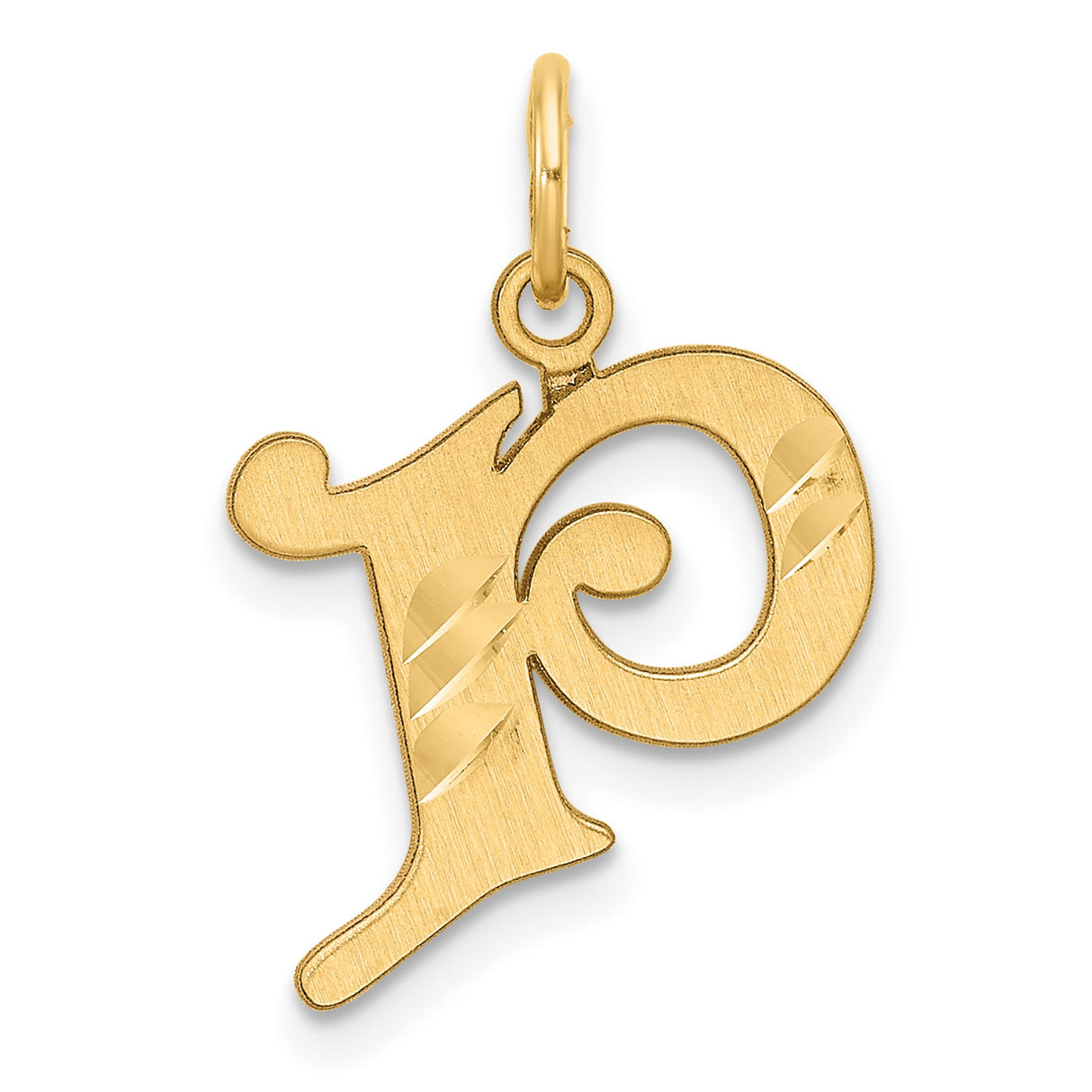 14k Yellow Gold Letter P Pendant, Cursive Alphabet Charm with Polished Textured Finish