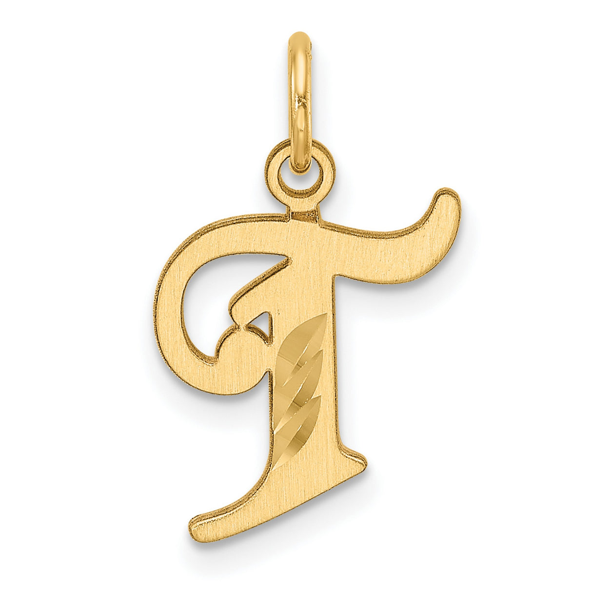 14k Yellow Gold Script Initial T Pendant, Polished and Brushed Finish, Diamond-Cut Detailing