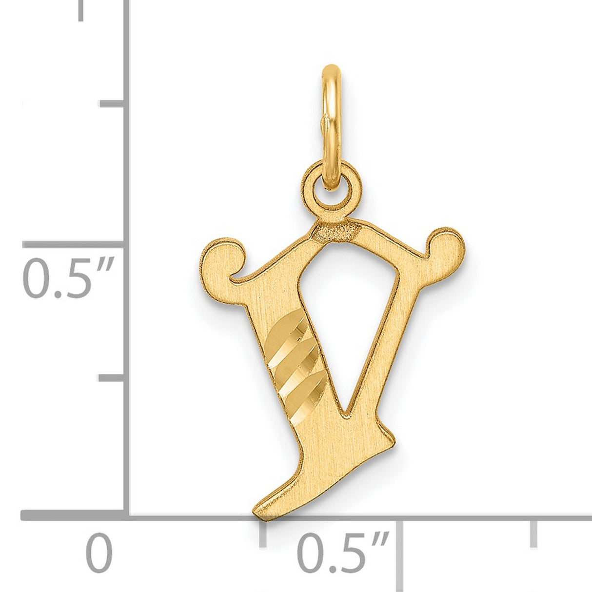 14k Yellow Gold V Initial Pendant, Script Letter Charm with Textured Diagonal Design