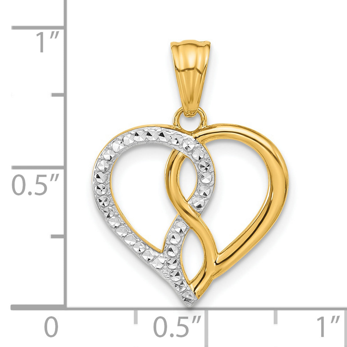 14k Yellow Gold and Rhodium Heart Pendant, Two-Tone Open Heart Charm, Diamond Cut Detailing