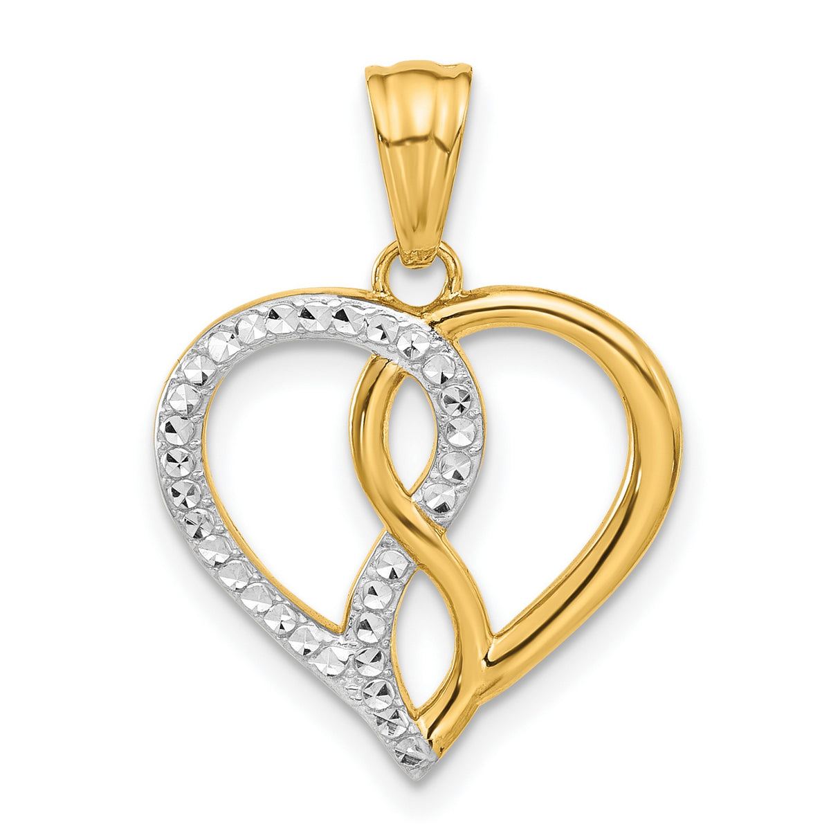 14k Yellow Gold and Rhodium Heart Pendant, Two-Tone Open Heart Charm, Diamond Cut Detailing