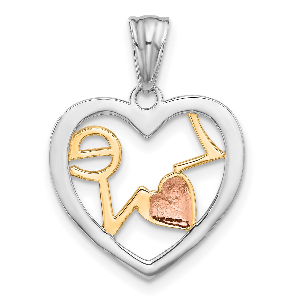 14k Tri-Color Gold Heart Pendant with Love Script and Textured Frame for Women