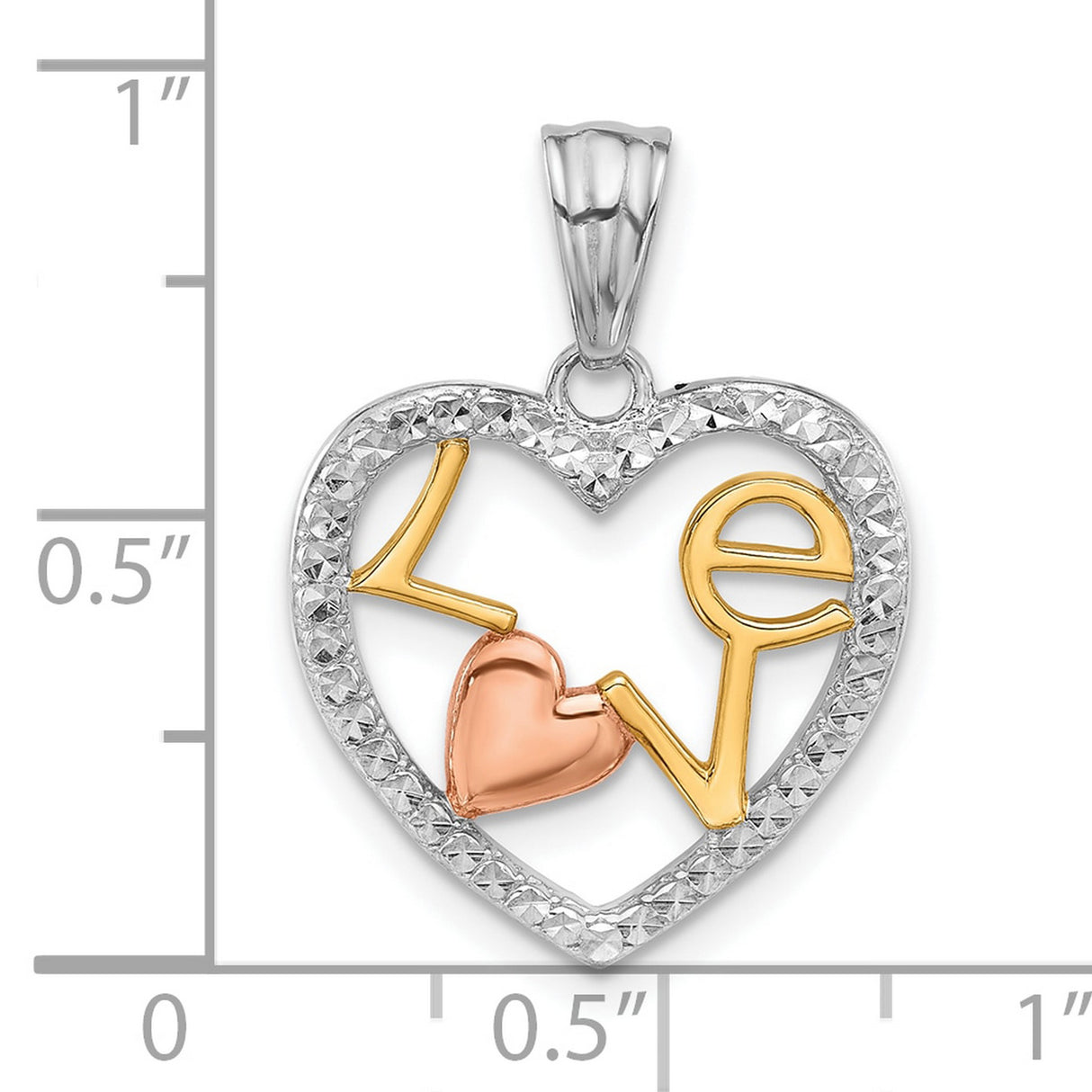 14k Tri-Color Gold Heart Pendant with Love Script and Textured Frame for Women