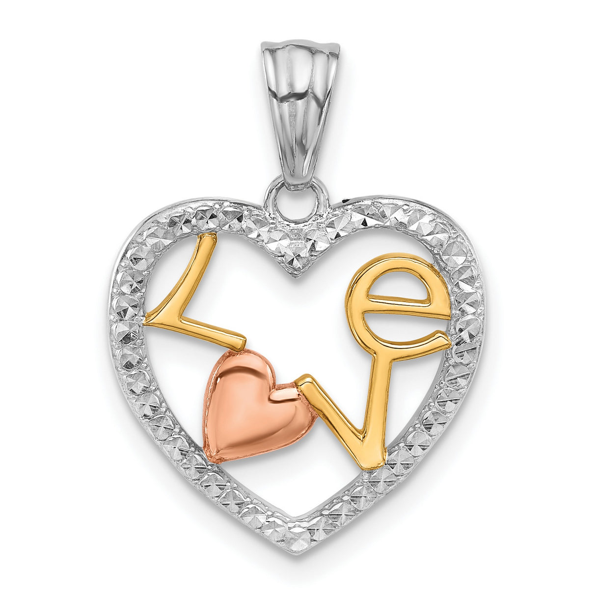 14k Tri-Color Gold Heart Pendant with Love Script and Textured Frame for Women