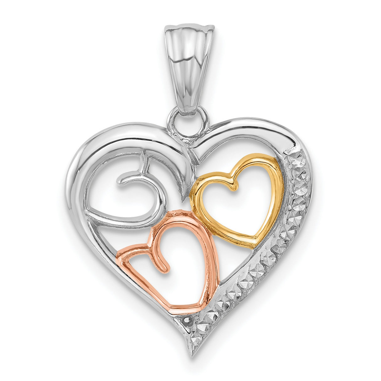 14k Tri-Color Gold Heart Pendant with Intertwined Yellow, White and Rose Gold Hearts