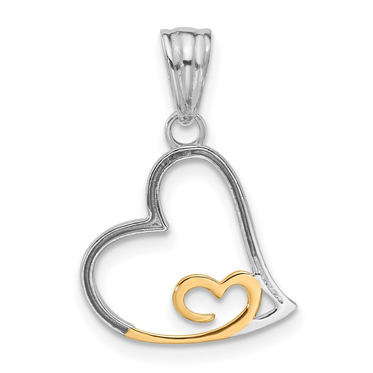 14k Two-Tone Gold Heart Pendant with Open Heart Design and Inner Gold Heart for Women
