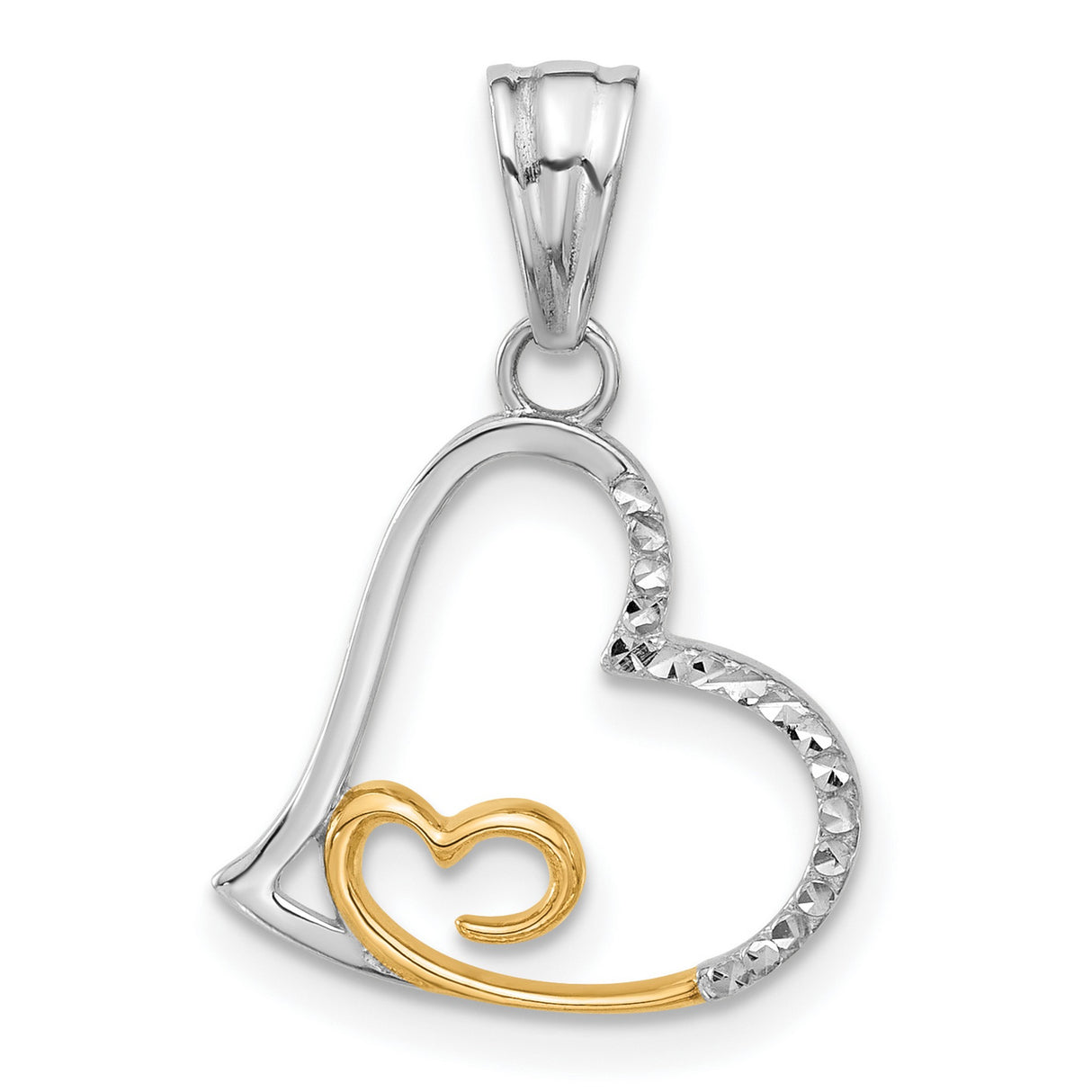 14k Two-Tone Gold Heart Pendant with Open Heart Design and Inner Gold Heart for Women