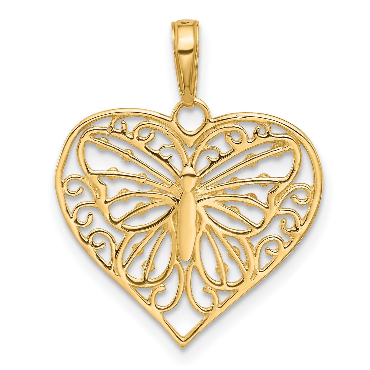 14k White and Yellow Gold Heart Pendant with Diamond-Cut Butterfly Filigree Design