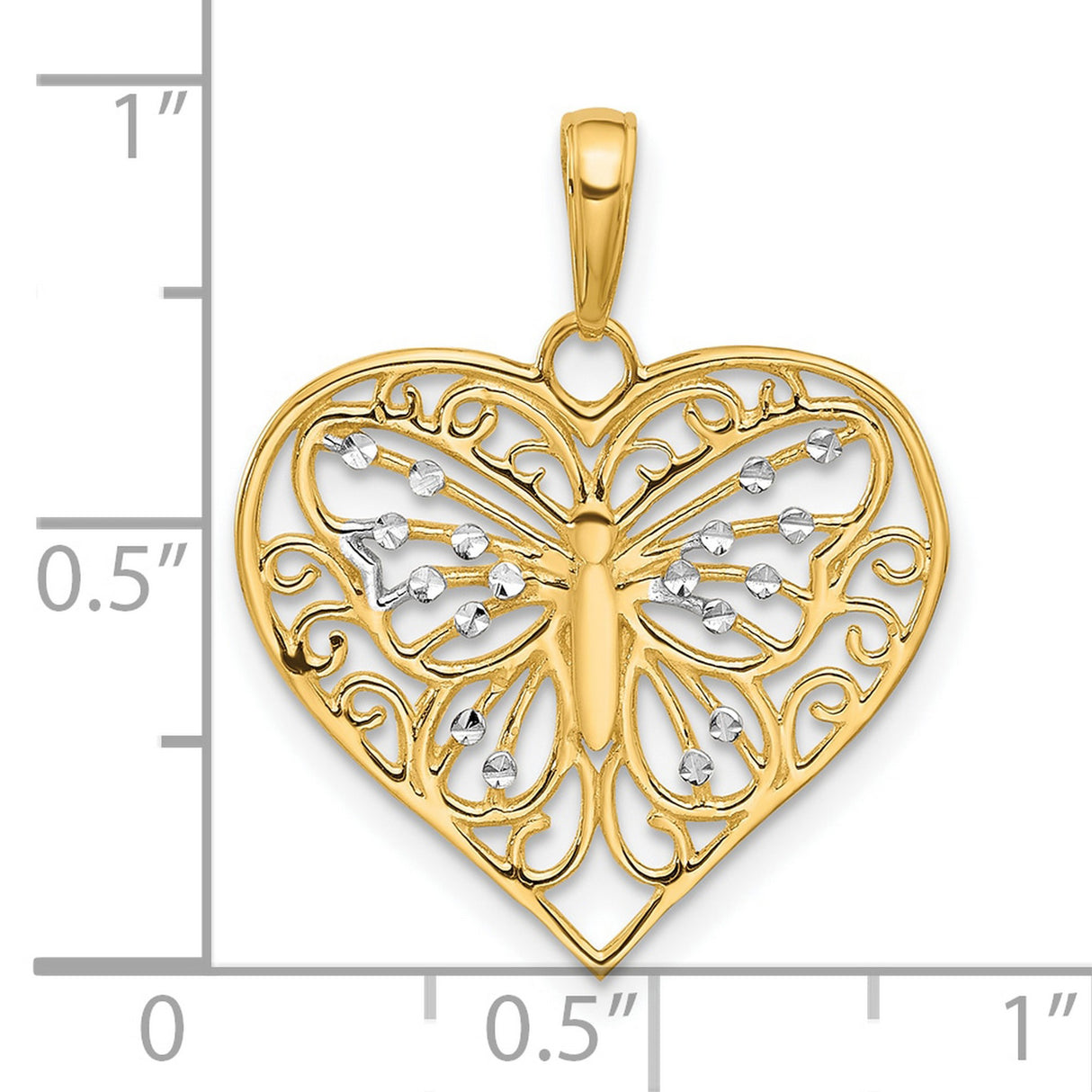 14k White and Yellow Gold Heart Pendant with Diamond-Cut Butterfly Filigree Design