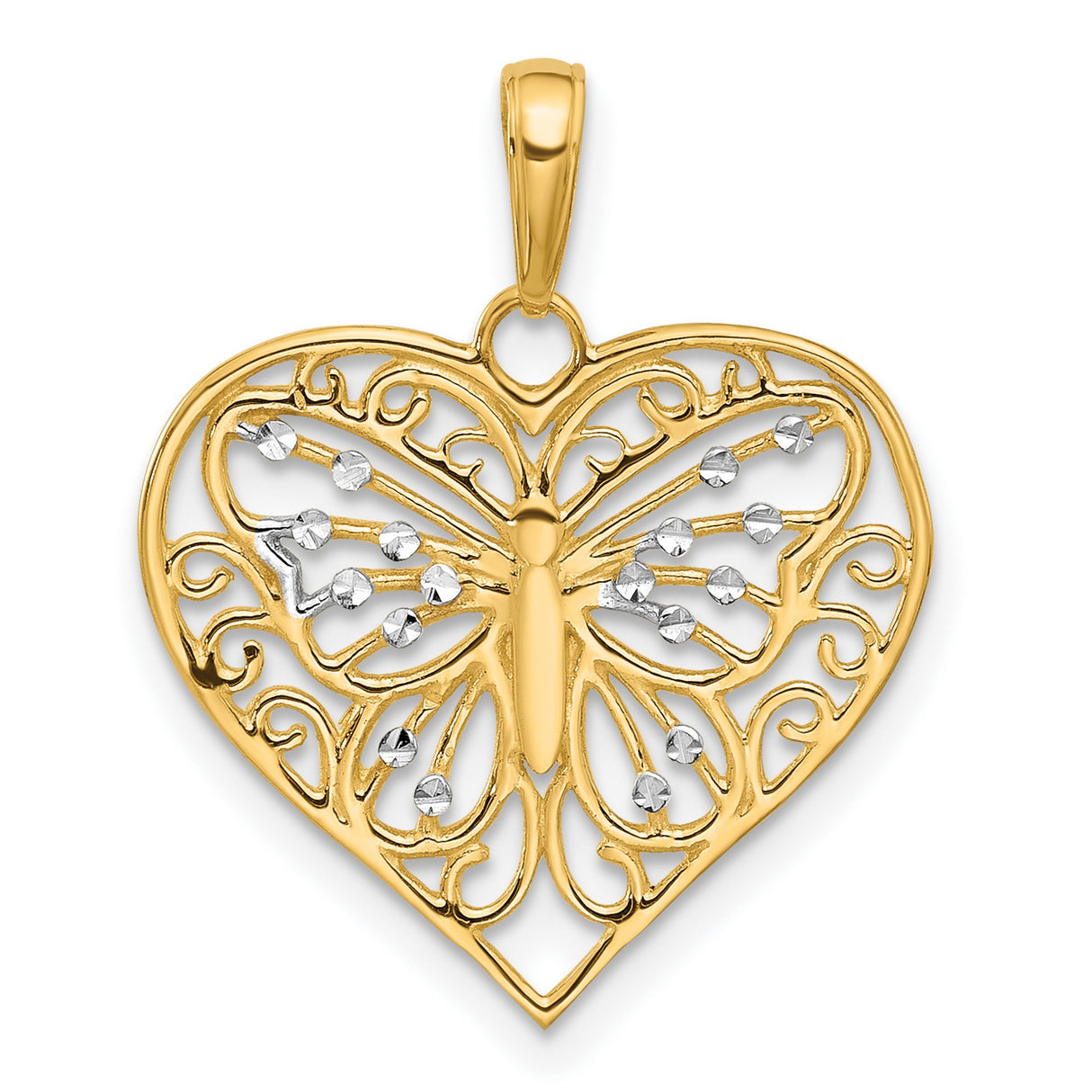 14k White and Yellow Gold Heart Pendant with Diamond-Cut Butterfly Filigree Design